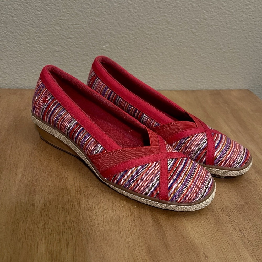 Grasshoppers Ortholite Misty Striped Wedge Shoes Slip On Red Comfort Shoe Sz 6N